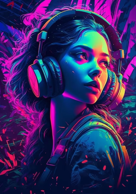 Imagem ilustrativa colorida de garota ouvindo música